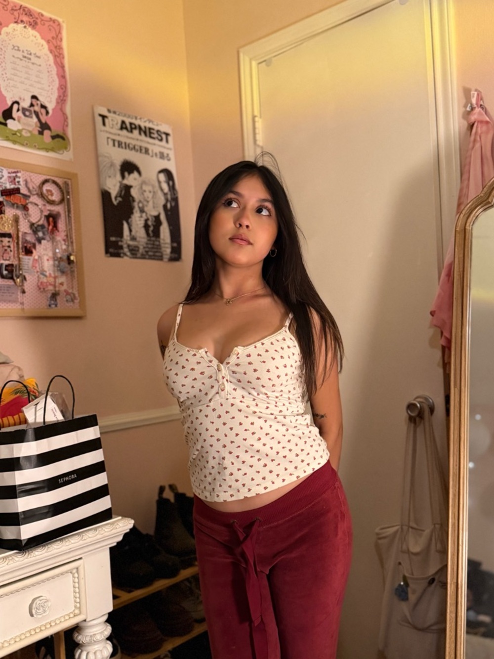 Brandy Melville Cream Cami with Red Floral Print